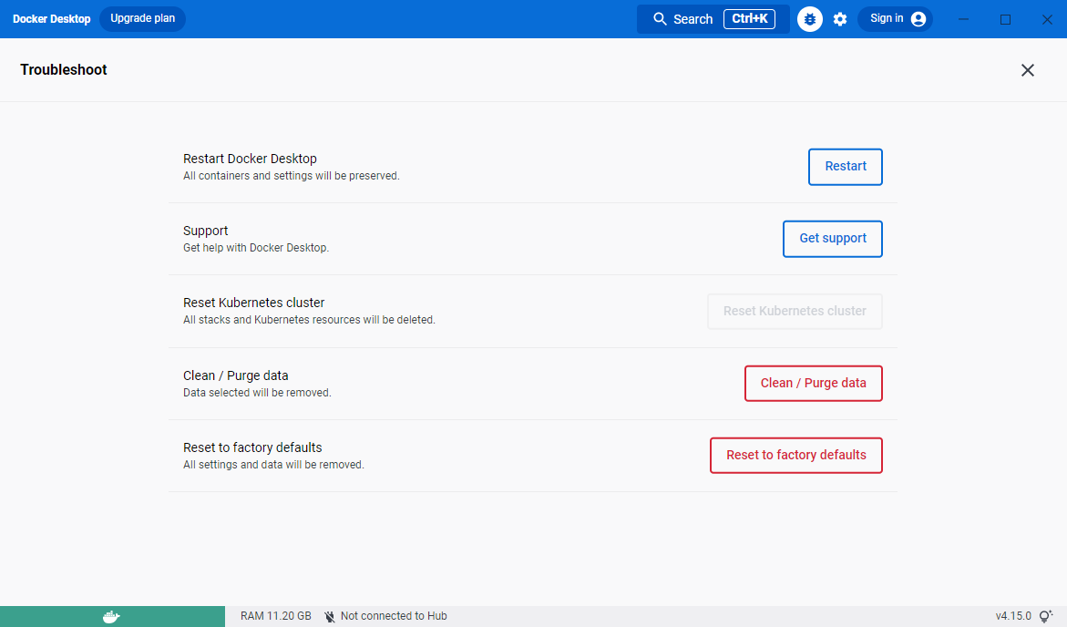 Troubleshoot menu in Docker Desktop