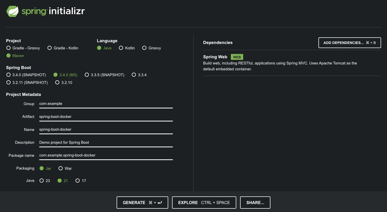 A screenshot of Spring Initializr tool selected with Java 21, Spring Web and Spring Boot 3.4.0