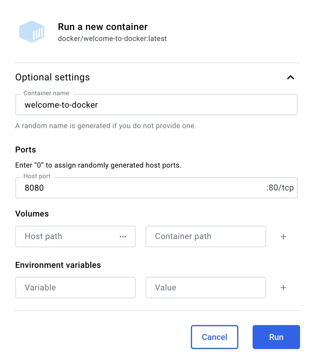 A screenshot of Docker Desktop Dashboard showing the container run dialog with welcome-to-docker typed in as the container name and 8080 specified as the port number