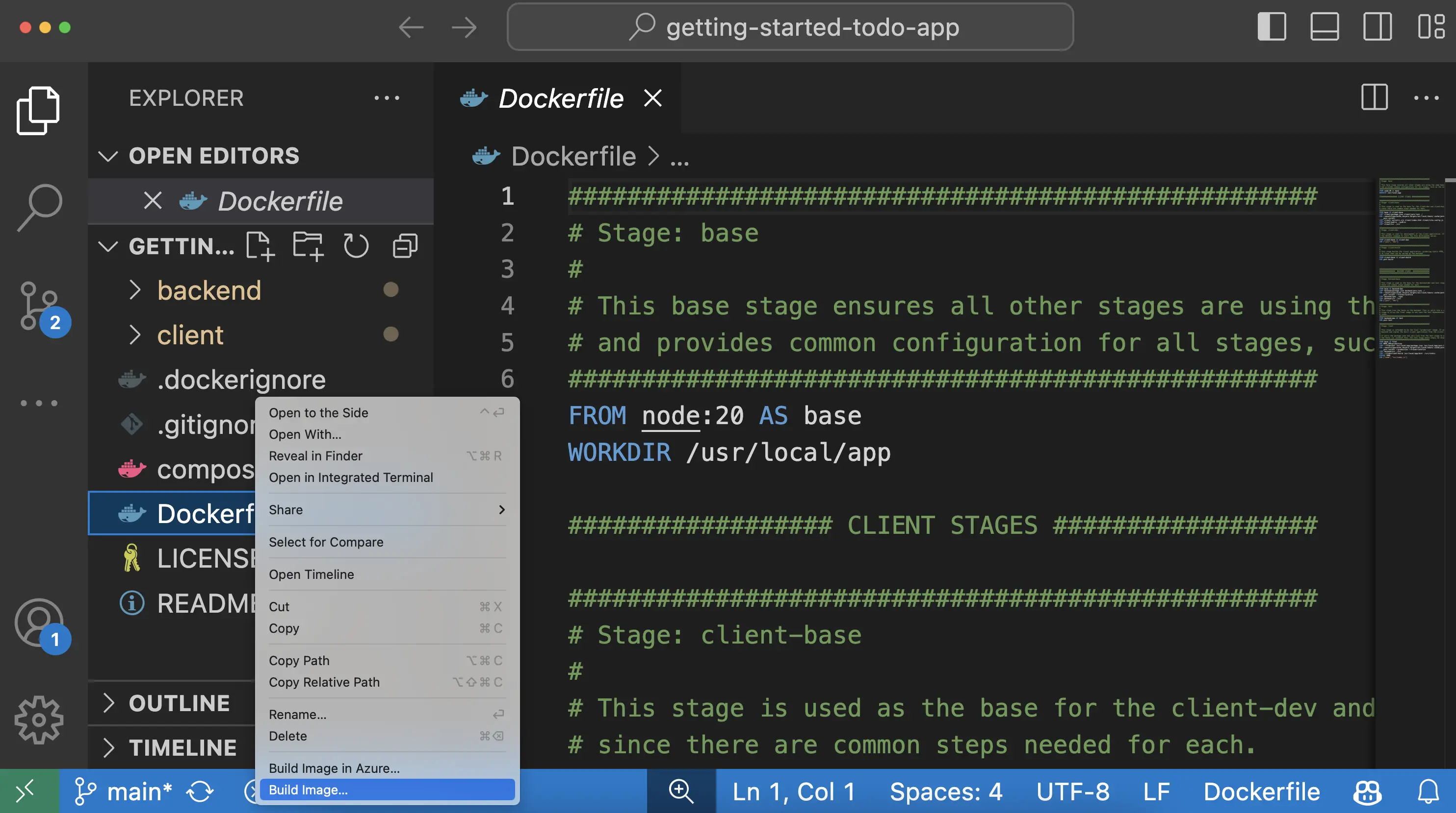 Screenshot of VS Code showing the right-click menu and "Build Image" menu item