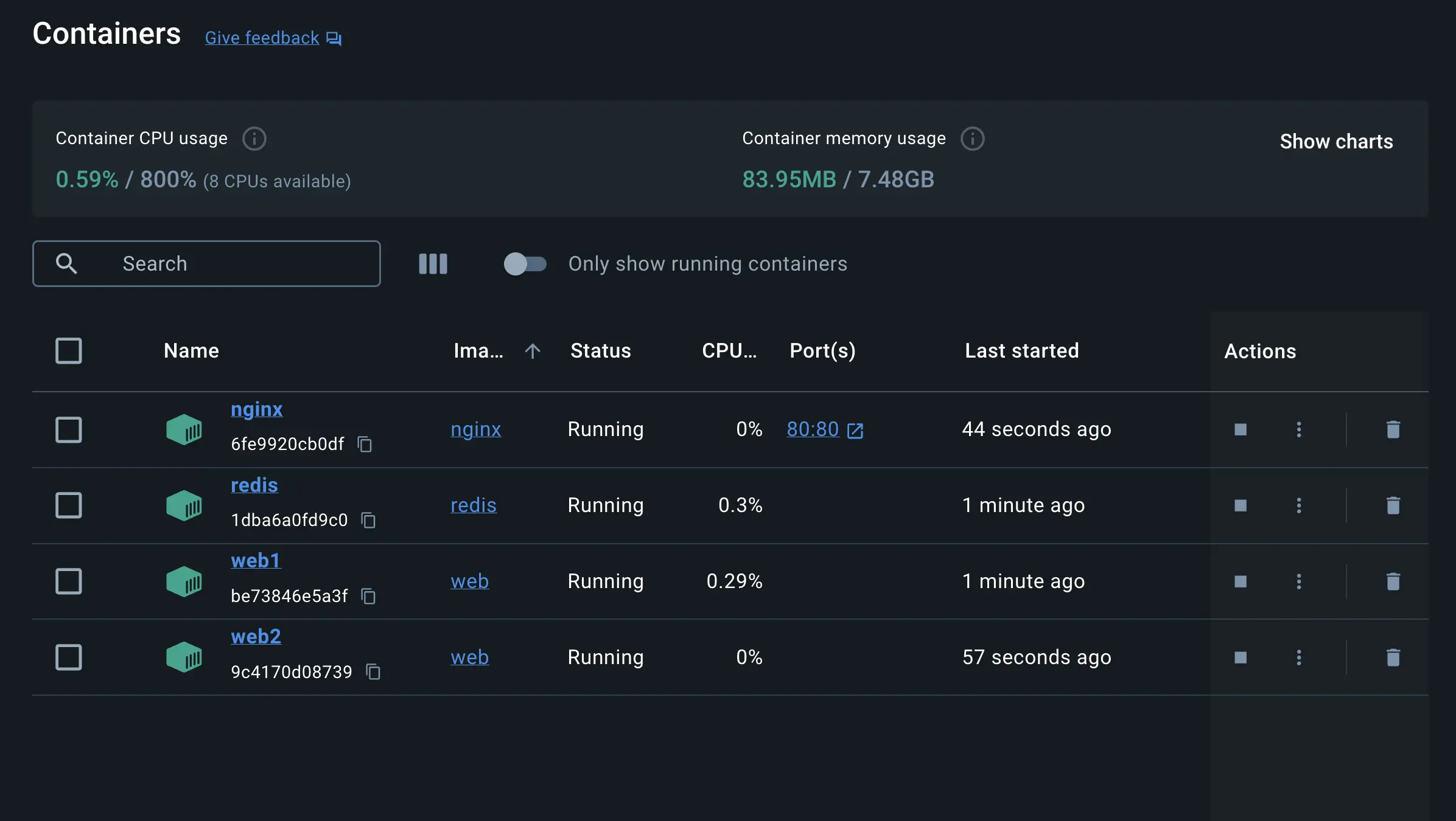 A screenshot of Docker Dashboard showing multi-container applications