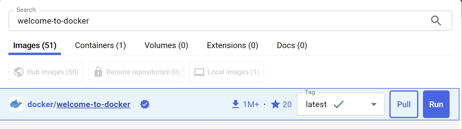 A screenshot of the Docker Dashboard showing the search results for the docker/welcome-to-docker image