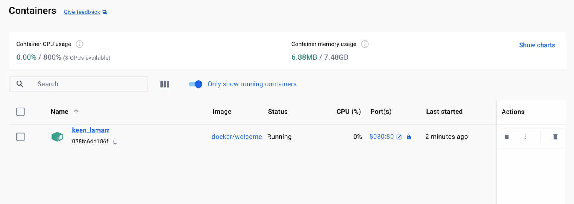 Screenshot of the container view of the Docker Desktop GUI showing the welcome-to-docker container running on the host port 8080