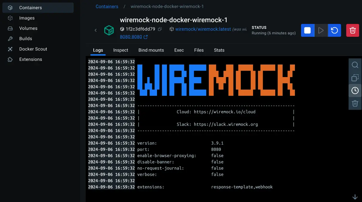 Diagram showing the logs of WireMock container running on Docker Desktop 